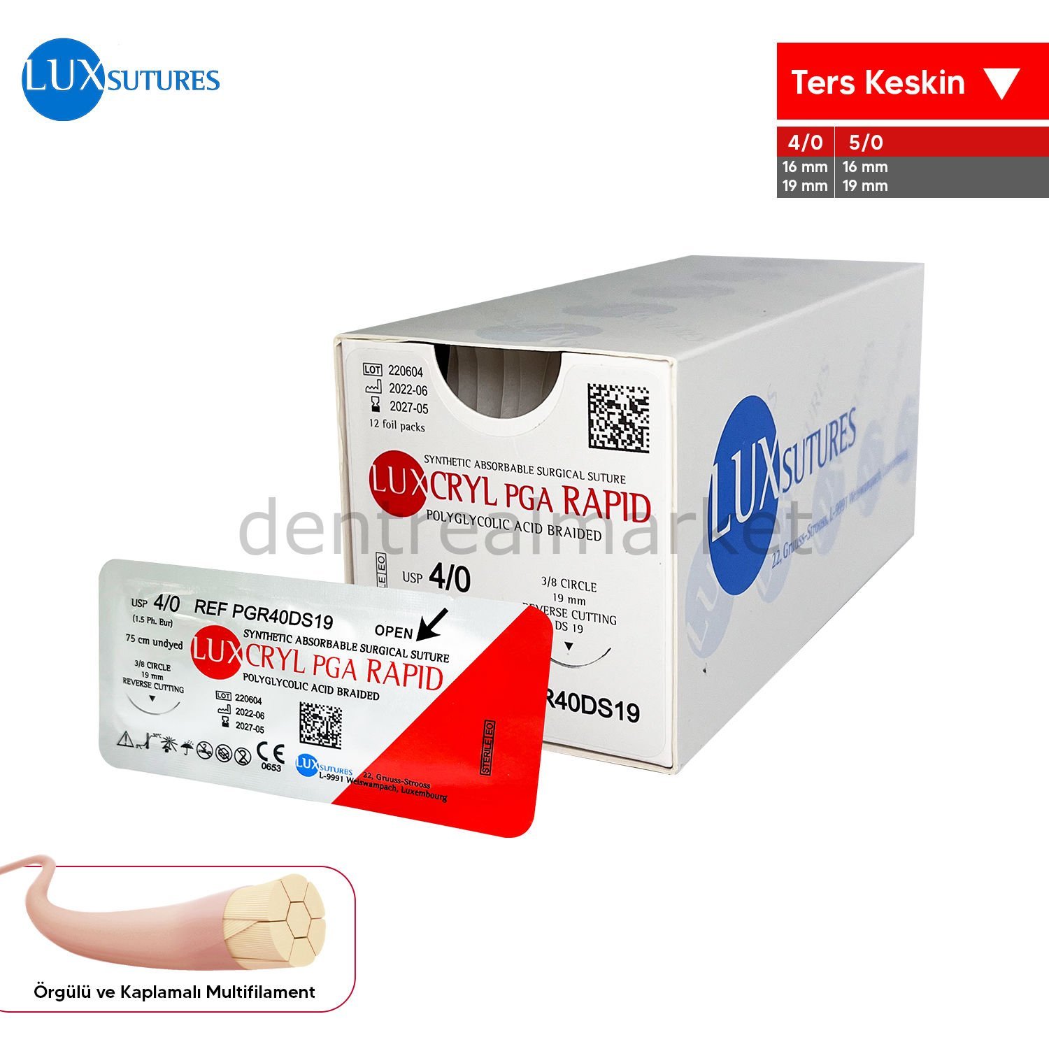 Luxcryl PGA Rapid Absorbe Cerrahi Sutur - Ters Keskin İgneli