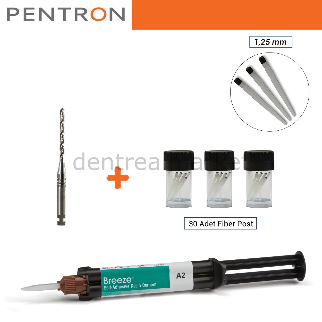 FibreKleer 4X Tapared Fiber Post Set 1,25 mm - 30 ad Fiber post ve Breeze Self Adeziv Rezin Siman
