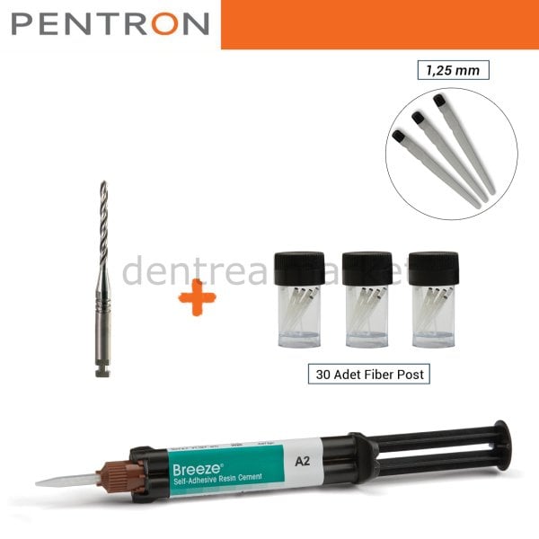 FibreKleer 4X Tapared Fiber Post Set 1,25 mm - 30 ad Fiber post ve Breeze Self Adeziv Rezin Siman