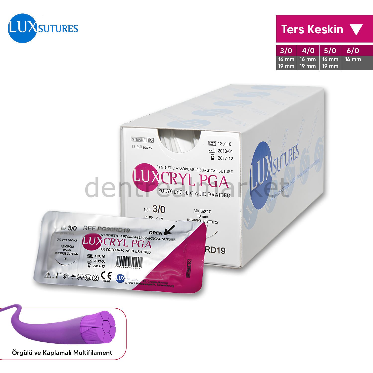 Luxcryl PGA  Absorbe Cerrahi Sutur - Ters Keskin İgneli 4/0 - 16 mm