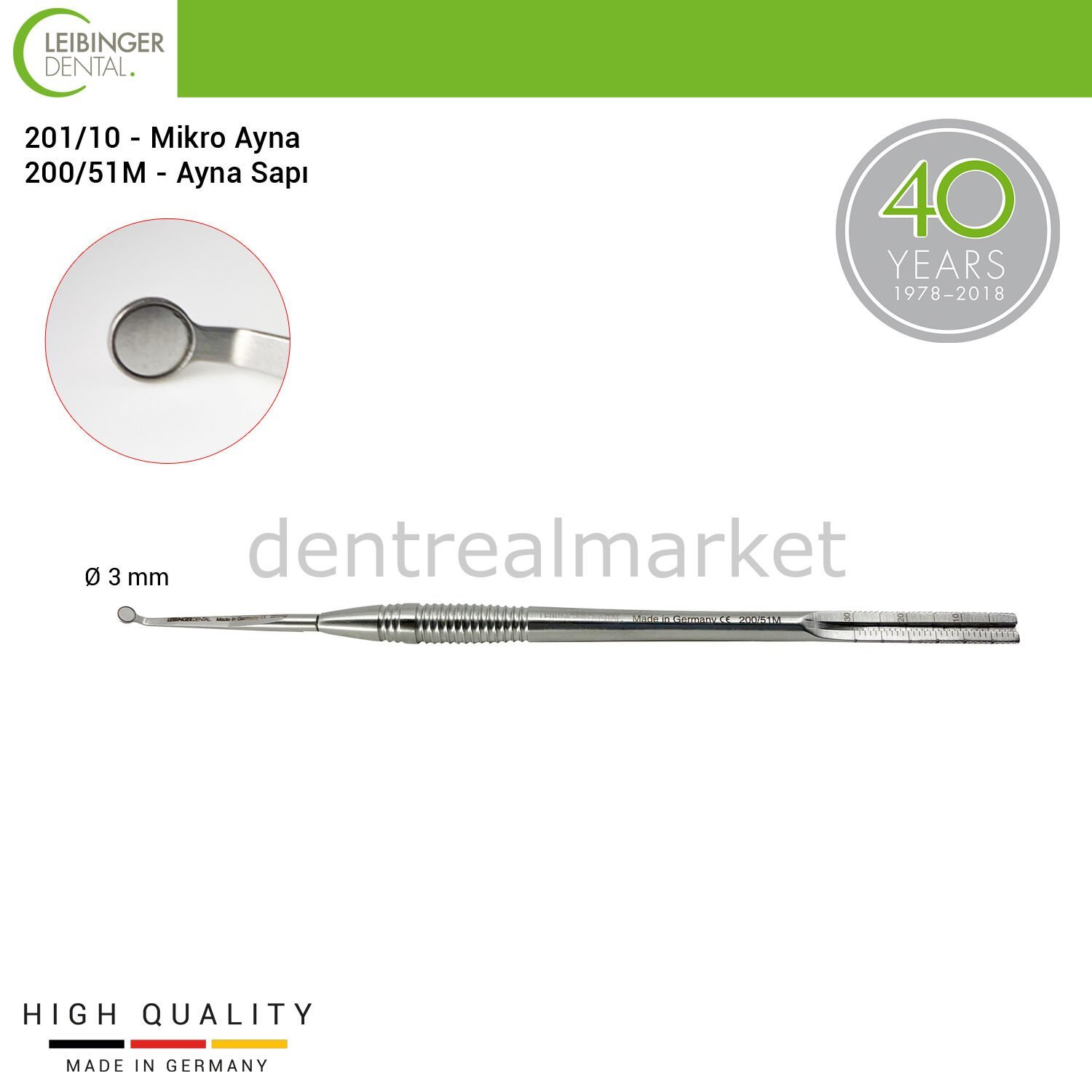 Rhodium Mikro Ayna Ø 3 mm ve Ölçekli  Ayna Sapı