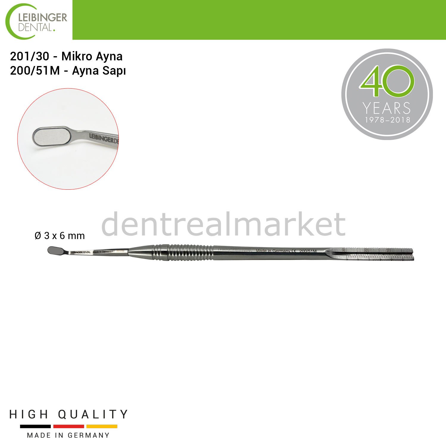 Rhodium Mikro Ayna 3 x 6 mm ve Ölçekli  Ayna Sapı